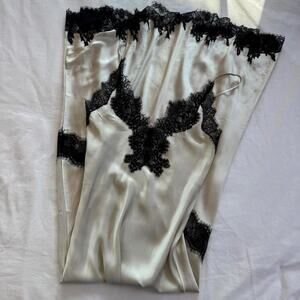 Helsa cream satin slip dress with black lace trim